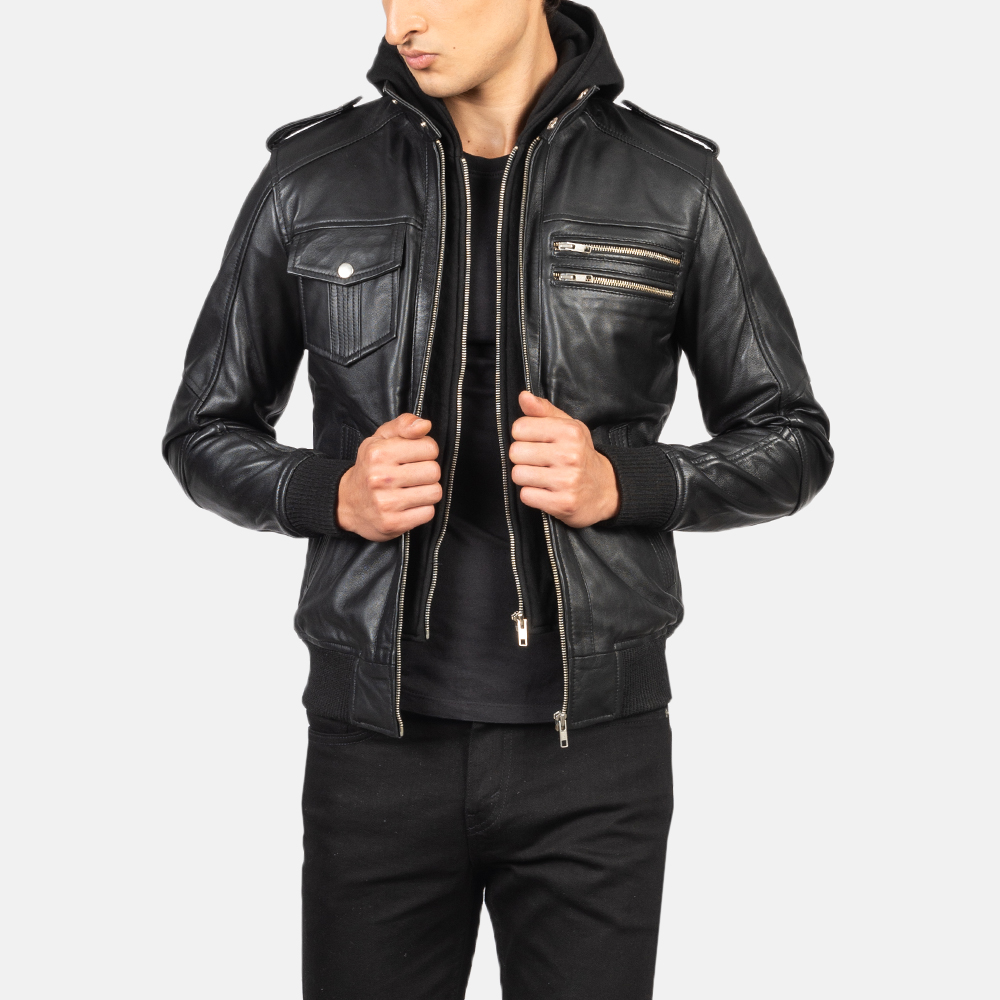 Men's+Bravado+Black+Hooded+Leather+Bomber+Jacket+Open+Front-4-1634133567397